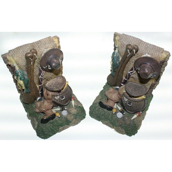 Fisherman Bookends Pair Fishing Gear Boots Hat Heavy Resin Material Home Decor - Picture 2 of 5